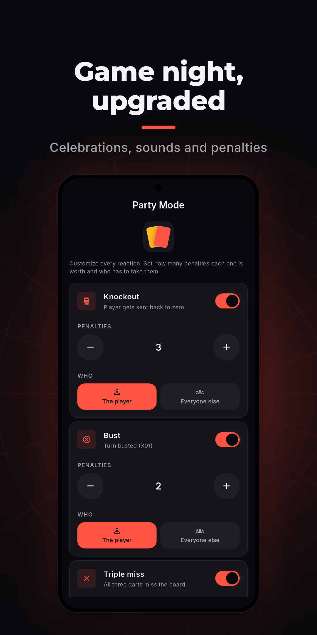 Bullzy Party Mode settings: penalty counts and targets per in-game event